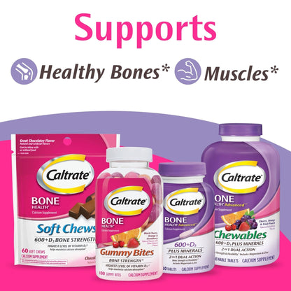 Caltrate Gummy Bites 500 mg Calcium and Vitamin D Supplement, Black Cherry, Strawberry, Orange - 100 Count - PrimeBioHealth - canada supplements