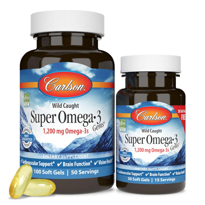 Carlson - Super Omega-3 Gems, 1200 mg Omega-3 Fatty Acids with EPA and DHA, Wild-Caught Norwegian Supplement, Sustainably Sourced Fish Oil Capsules, - PrimeBioHealth - canada supplements