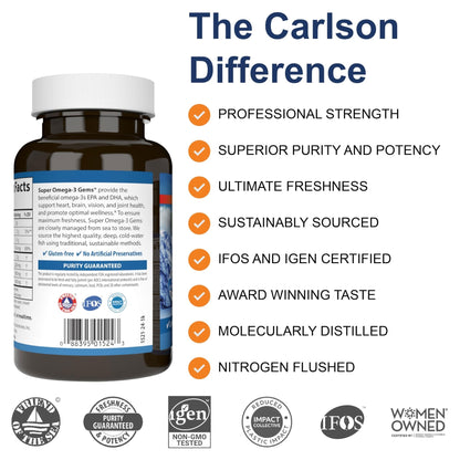Carlson - Super Omega-3 Gems, 1200 mg Omega-3 Fatty Acids with EPA and DHA, Wild-Caught Norwegian Supplement, Sustainably Sourced Fish Oil Capsules, - PrimeBioHealth - canada supplements