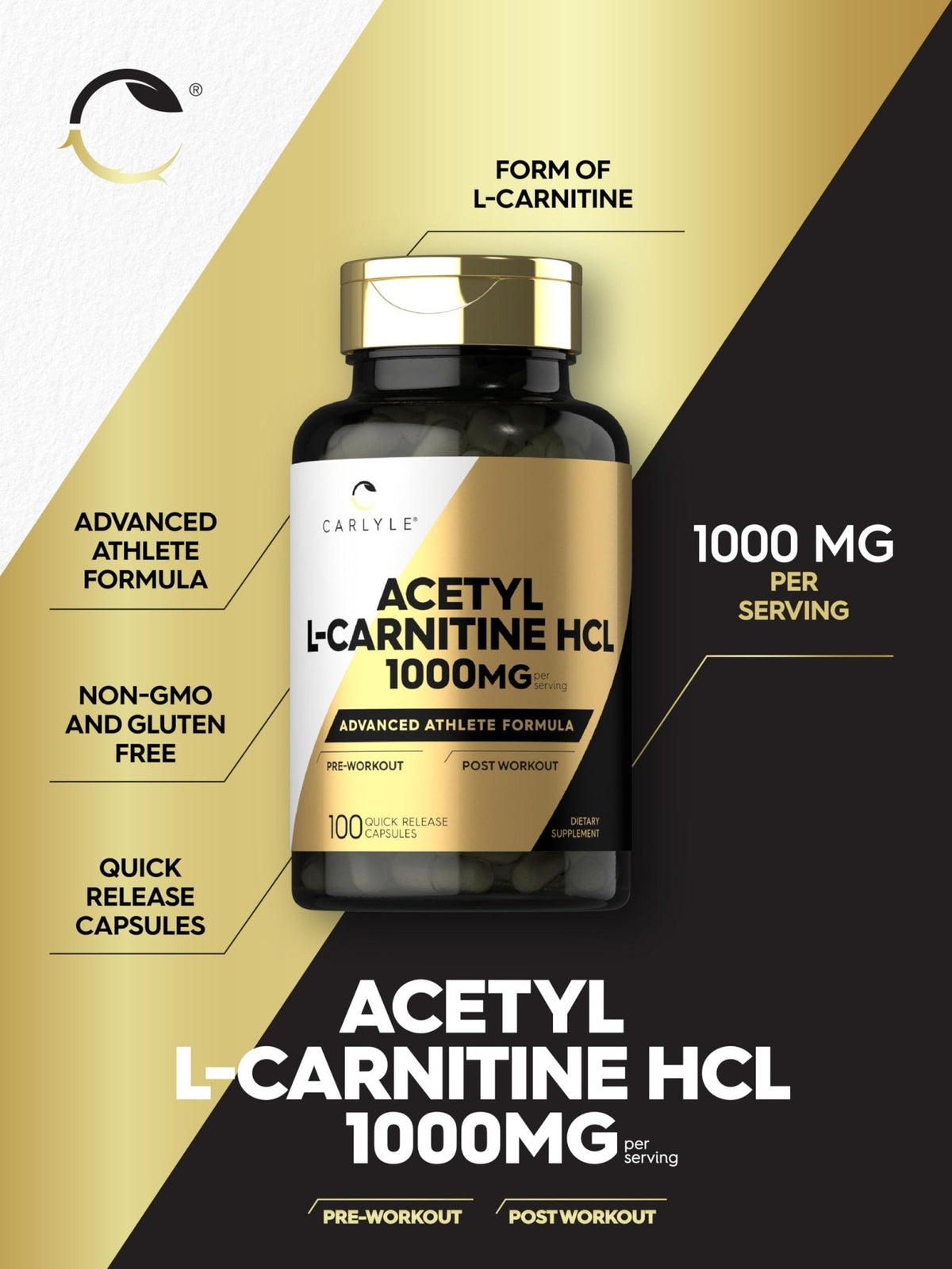 Carlyle Acetyl L-Carnitine HCL | 1000mg | 100 Capsules | Advanced Athlete Formula | Pre-Workout Supplement | Non-GMO & Gluten Free - PrimeBioHealth - canada supplements