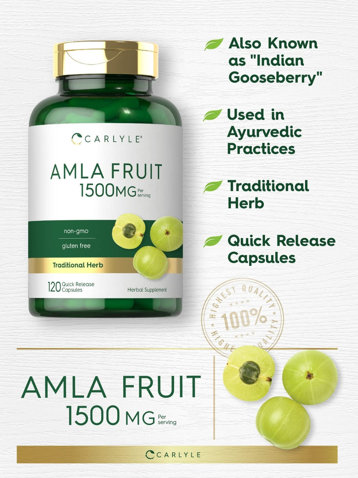 Carlyle Amla Capsules 1500mg | 120 Count | Amalaki Fruit | Herbal Extract Supplement | Non-GMO and Gluten Free - PrimeBioHealth - canada supplements