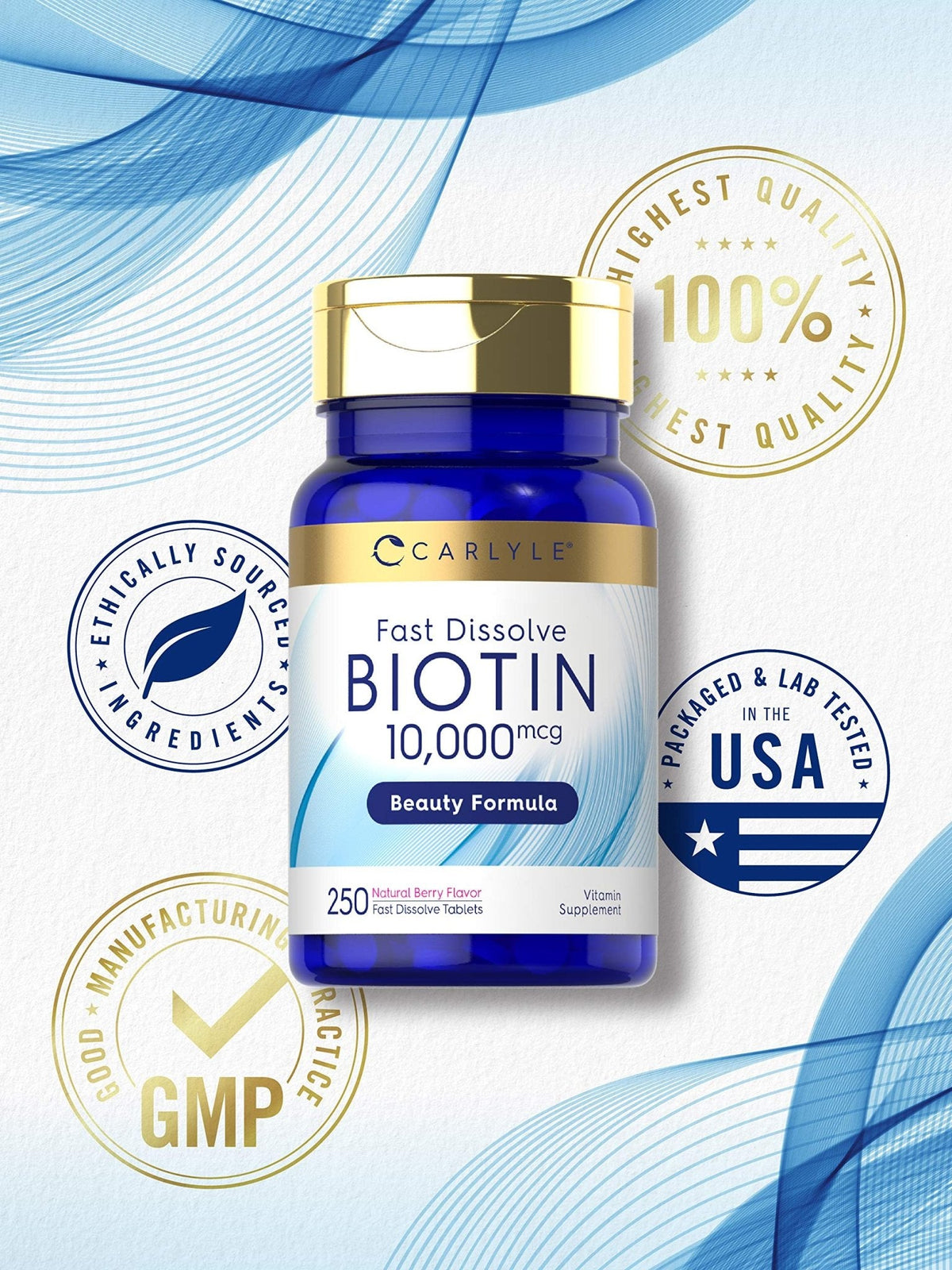 Carlyle Biotin 10000mcg | 250 Fast Dissolve Tablets | Max Strength | Vegetarian, Non-GMO, Gluten Free Supplement - PrimeBioHealth - canada supplements