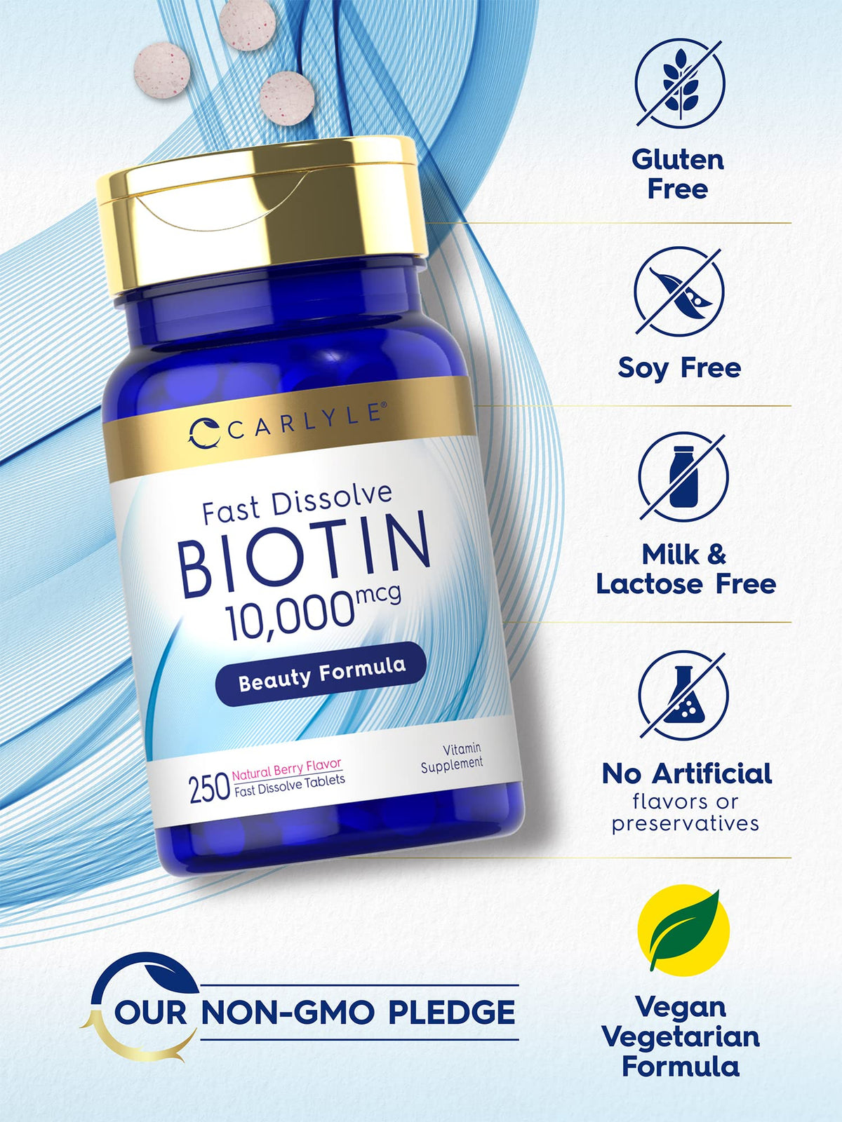 Carlyle Biotin 10000mcg | 250 Fast Dissolve Tablets | Max Strength | Vegetarian, Non-GMO, Gluten Free Supplement - PrimeBioHealth - canada supplements