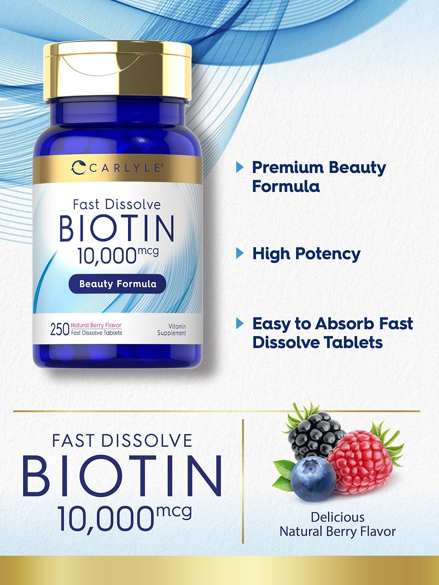 Carlyle Biotin 10000mcg | 250 Fast Dissolve Tablets | Max Strength | Vegetarian, Non-GMO, Gluten Free Supplement - PrimeBioHealth - canada supplements