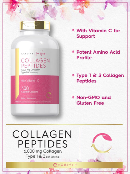 Carlyle Collagen Peptides 6000mg | 400 Caplets | with Vitamin C | Type 1 and 3 | Non-GMO, Gluten Free, Grass Fed Supplement - PrimeBioHealth - canada supplements