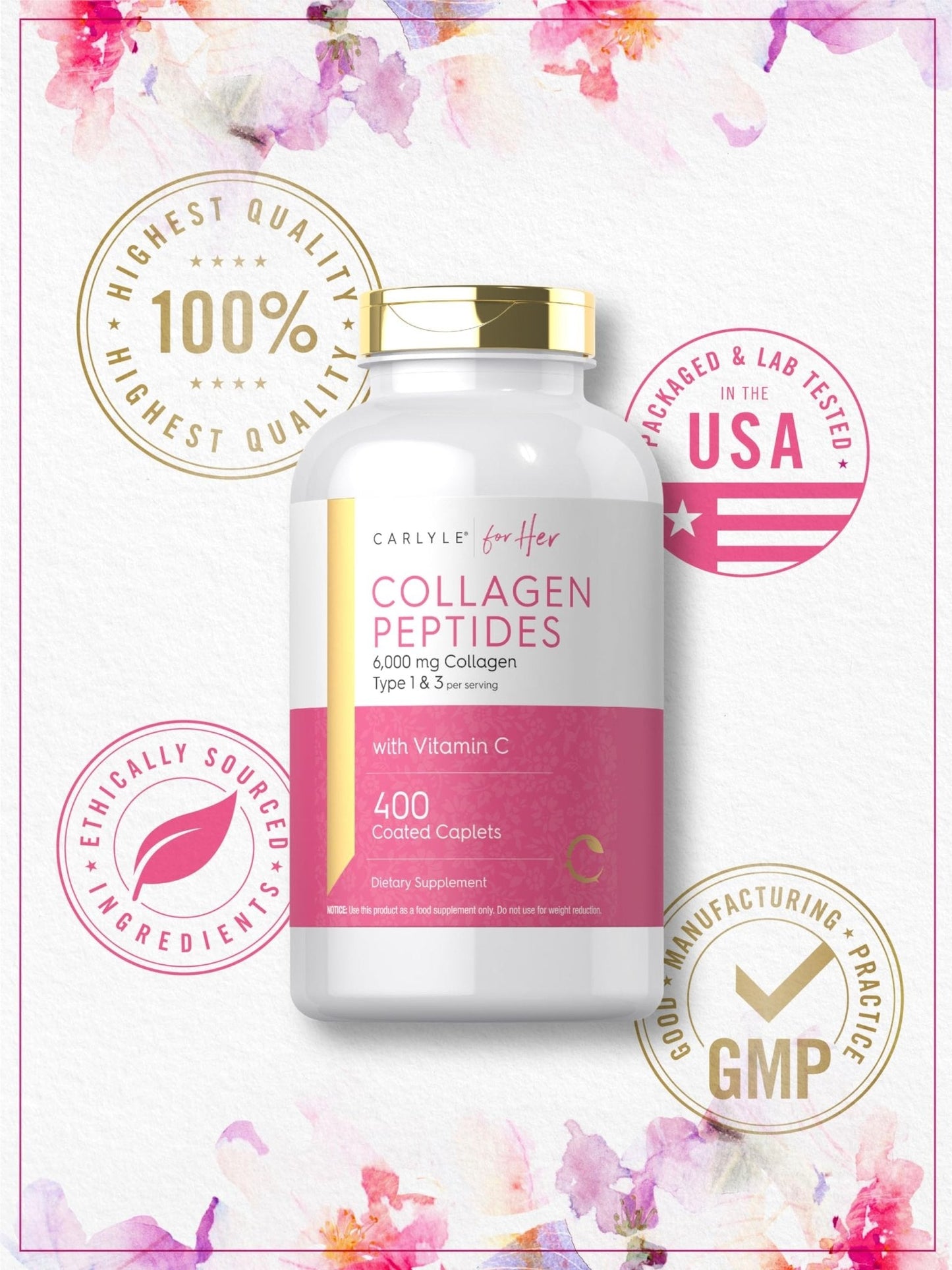 Carlyle Collagen Peptides 6000mg | 400 Caplets | with Vitamin C | Type 1 and 3 | Non-GMO, Gluten Free, Grass Fed Supplement - PrimeBioHealth - canada supplements