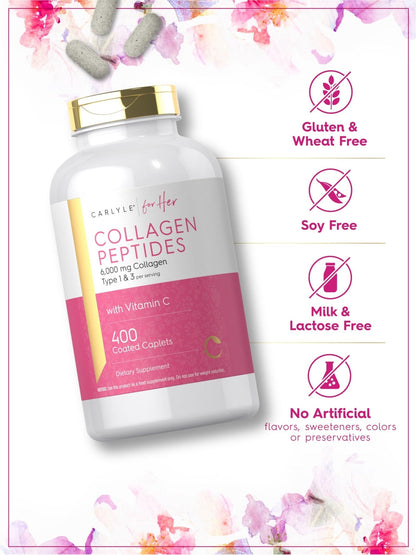 Carlyle Collagen Peptides 6000mg | 400 Caplets | with Vitamin C | Type 1 and 3 | Non-GMO, Gluten Free, Grass Fed Supplement - PrimeBioHealth - canada supplements