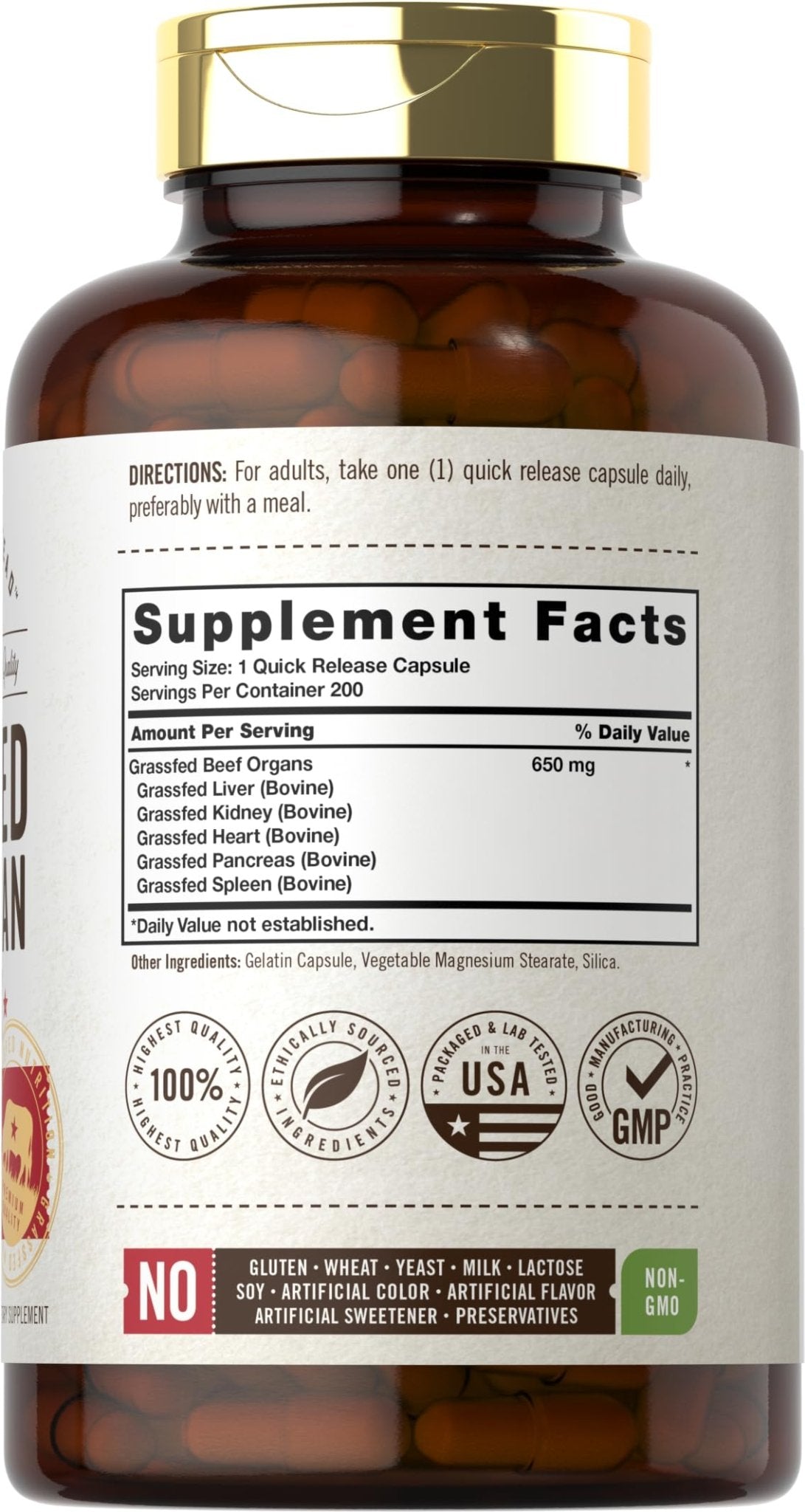 Carlyle Grass Fed Beef Organ Complex | 200 Capsules | Pasture Raised, Grain Free Supplement | with Desiccated Liver, Kidney, Pancreas, Heart, Spleen - PrimeBioHealth - canada supplements