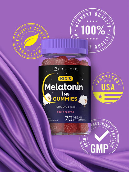 Carlyle Kids Melatonin Gummies | 1 mg 70 Count | Fruit Flavor Gummy | Vegan, Non-GMO, Gluten Free - PrimeBioHealth - canada supplements