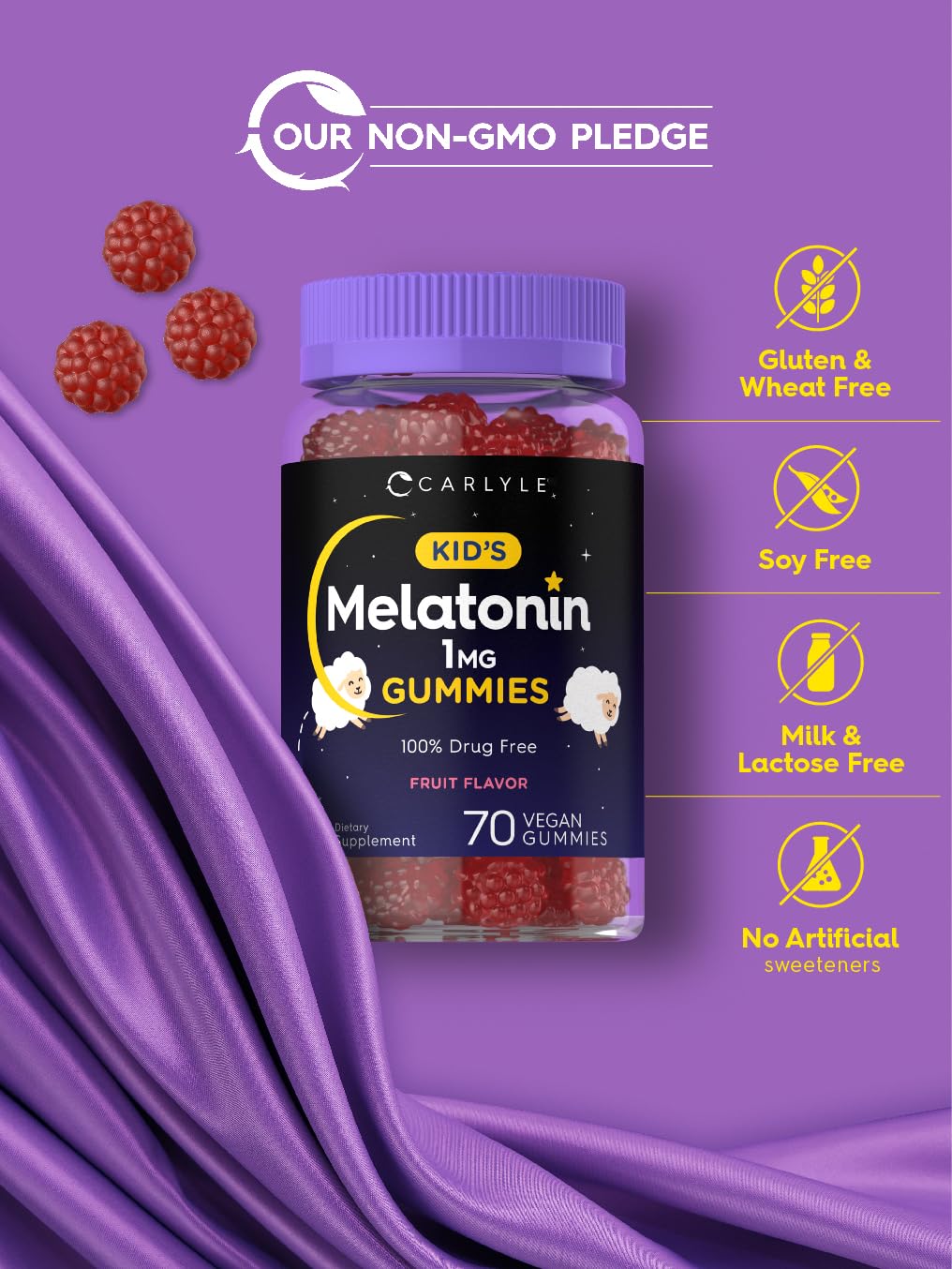 Carlyle Kids Melatonin Gummies | 1 mg 70 Count | Fruit Flavor Gummy | Vegan, Non-GMO, Gluten Free - PrimeBioHealth - canada supplements