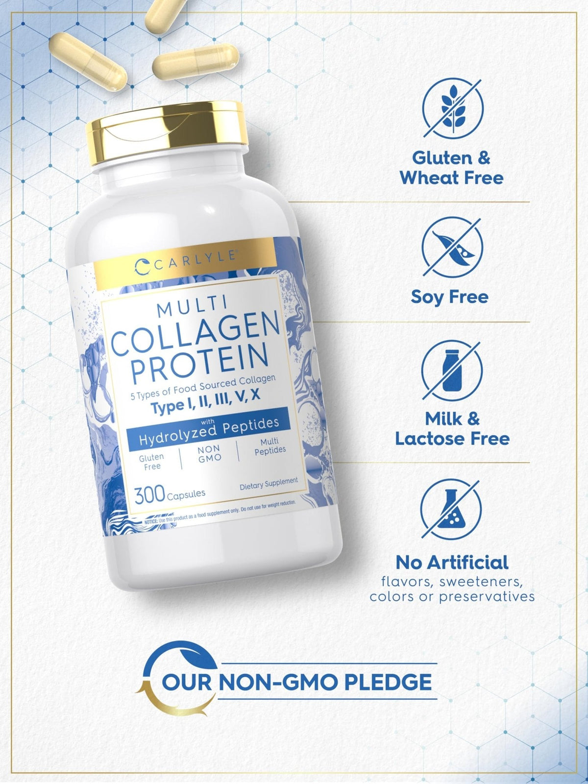 Carlyle Multi Collagen Protein Capsules 2000mg | 300 Count | Type I, II, III, V, X | Collagen Peptide Pills | Keto & Paleo Friendly - PrimeBioHealth - canada supplements