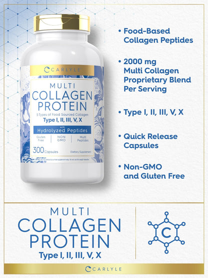Carlyle Multi Collagen Protein Capsules 2000mg | 300 Count | Type I, II, III, V, X | Collagen Peptide Pills | Keto & Paleo Friendly - PrimeBioHealth - canada supplements