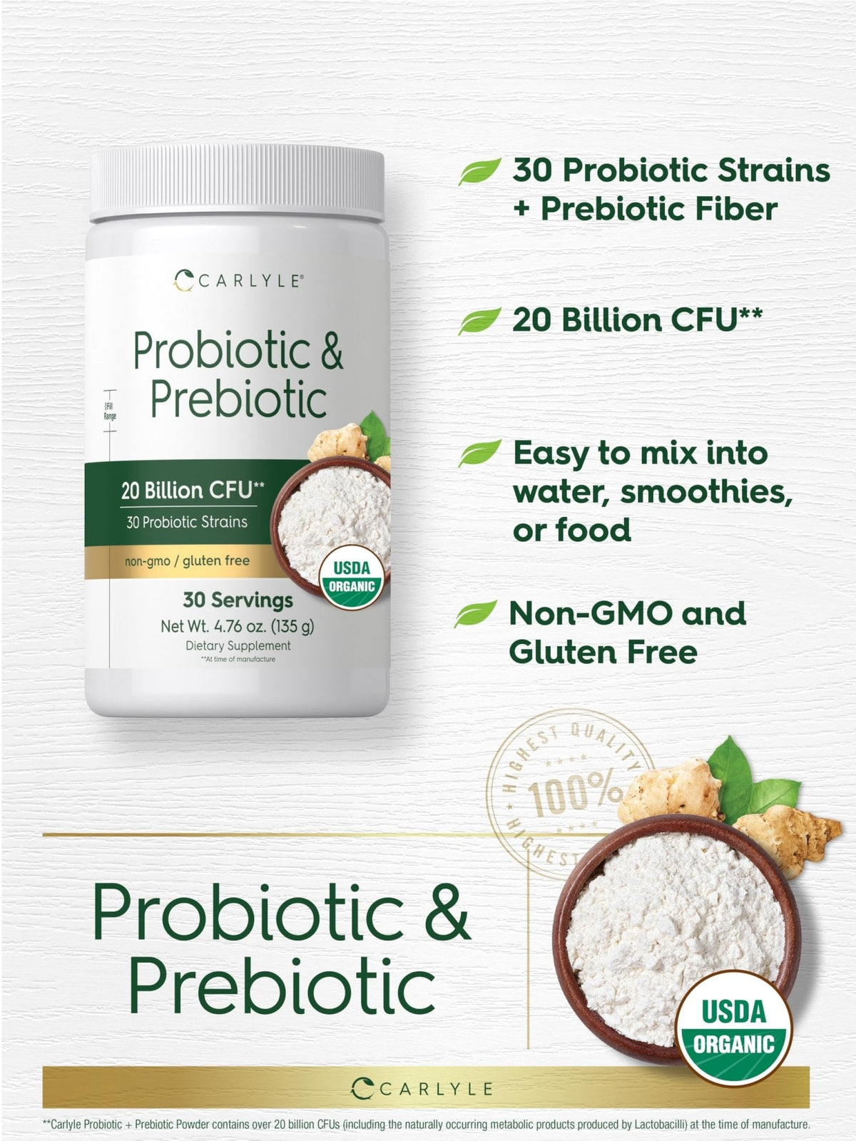 Carlyle Probiotic and Prebiotic Powder | 20 Billion CFU | 4.76 oz | Organic Fiber Blend | for Women and Men | Vegetarian, Non-GMO, - PrimeBioHealth - canada supplements