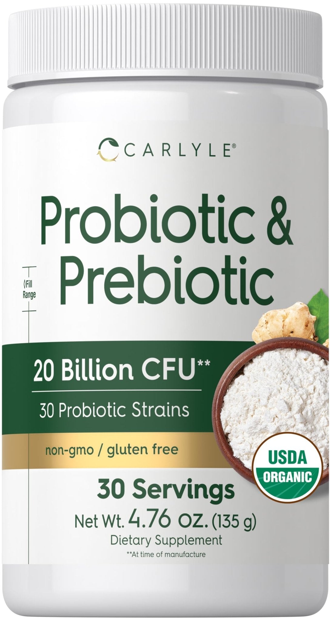 Carlyle Probiotic and Prebiotic Powder | 20 Billion CFU | 4.76 oz | Organic Fiber Blend | for Women and Men | Vegetarian, Non-GMO, - PrimeBioHealth - canada supplements