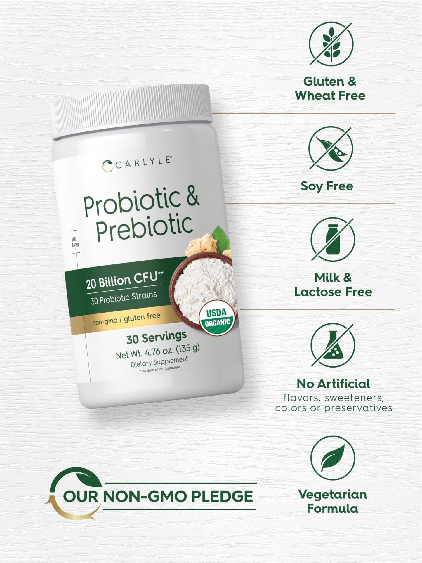 Carlyle Probiotic and Prebiotic Powder | 20 Billion CFU | 4.76 oz | Organic Fiber Blend | for Women and Men | Vegetarian, Non-GMO, - PrimeBioHealth - canada supplements
