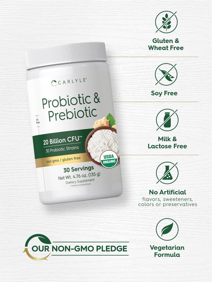 Carlyle Probiotic and Prebiotic Powder | 20 Billion CFU | 4.76 oz | Organic Fiber Blend | for Women and Men | Vegetarian, Non-GMO, - PrimeBioHealth - canada supplements
