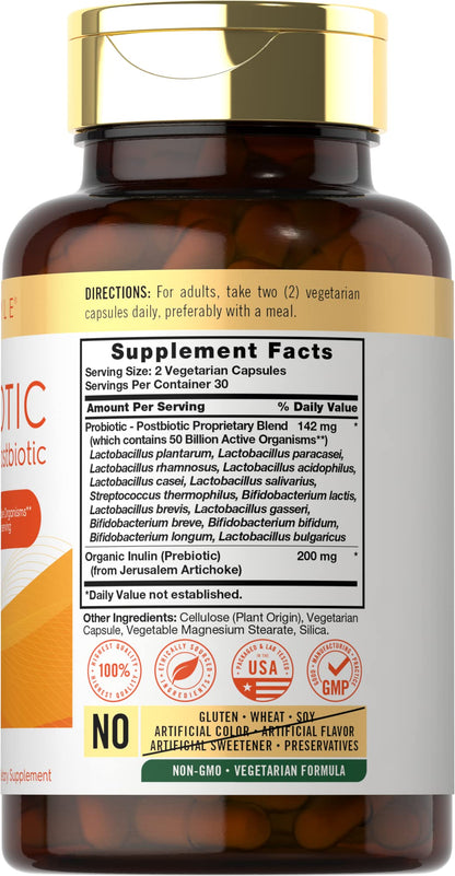 Carlyle Probiotic for Women and Men | 50 Billion CFU | 60 Capsules | Plus Prebiotic and Postbiotic | Complex Supplement | Vegetarian, Non-GMO, and Gluten Free - PrimeBioHealth - canada supplements