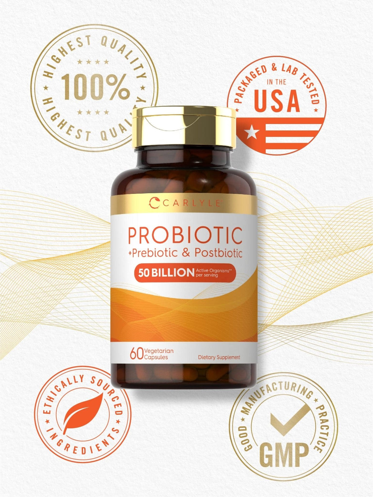 Carlyle Probiotic for Women and Men | 50 Billion CFU | 60 Capsules | Plus Prebiotic and Postbiotic | Complex Supplement | Vegetarian, Non-GMO, and Gluten Free - PrimeBioHealth - canada supplements