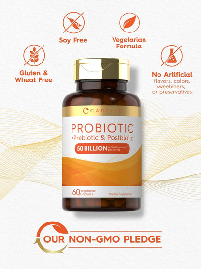 Carlyle Probiotic for Women and Men | 50 Billion CFU | 60 Capsules | Plus Prebiotic and Postbiotic | Complex Supplement | Vegetarian, Non-GMO, and Gluten Free - PrimeBioHealth - canada supplements