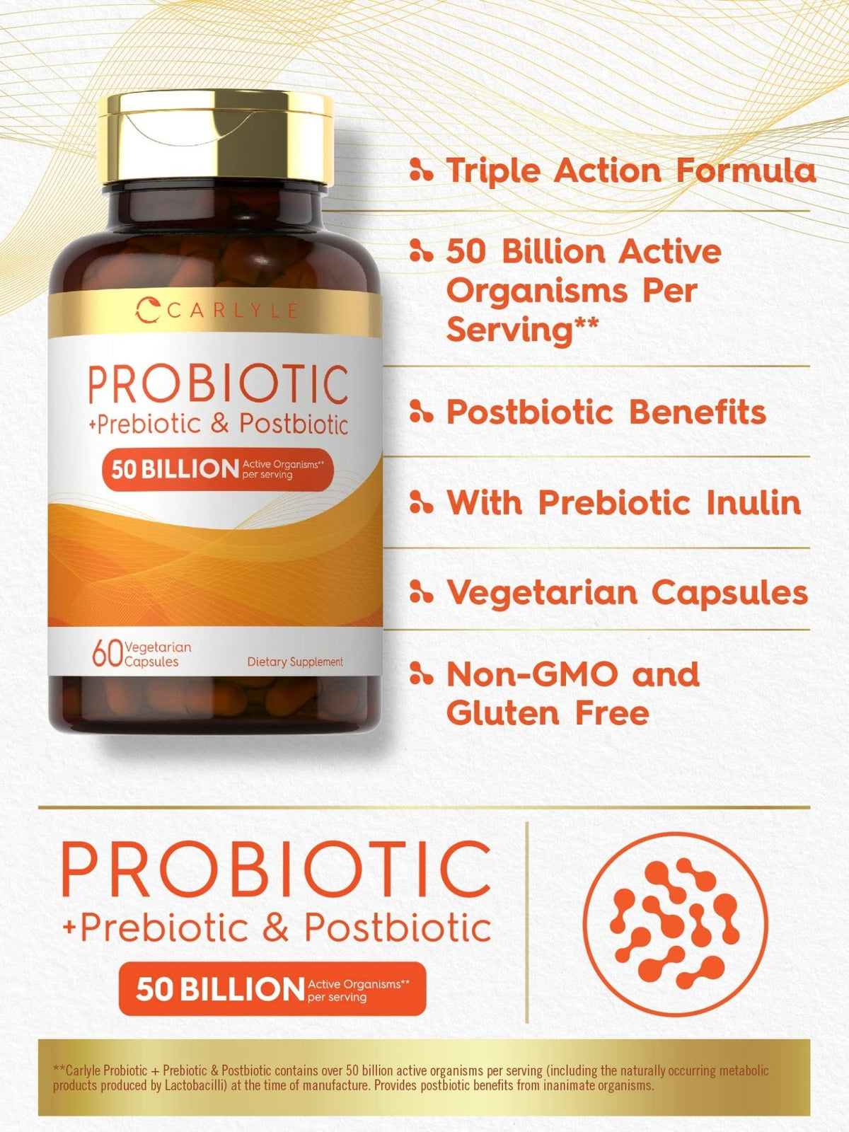 Carlyle Probiotic for Women and Men | 50 Billion CFU | 60 Capsules | Plus Prebiotic and Postbiotic | Complex Supplement | Vegetarian, Non-GMO, and Gluten Free - PrimeBioHealth - canada supplements