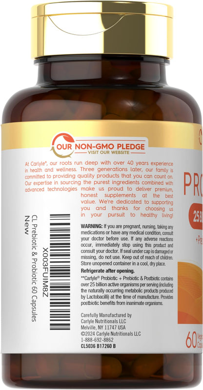 Carlyle Probiotic with Prebiotics & Postbiotics | 25 Billion CFU | 60 Capsules | Supplement for Women & Men | Powder Pills - PrimeBioHealth - canada supplements