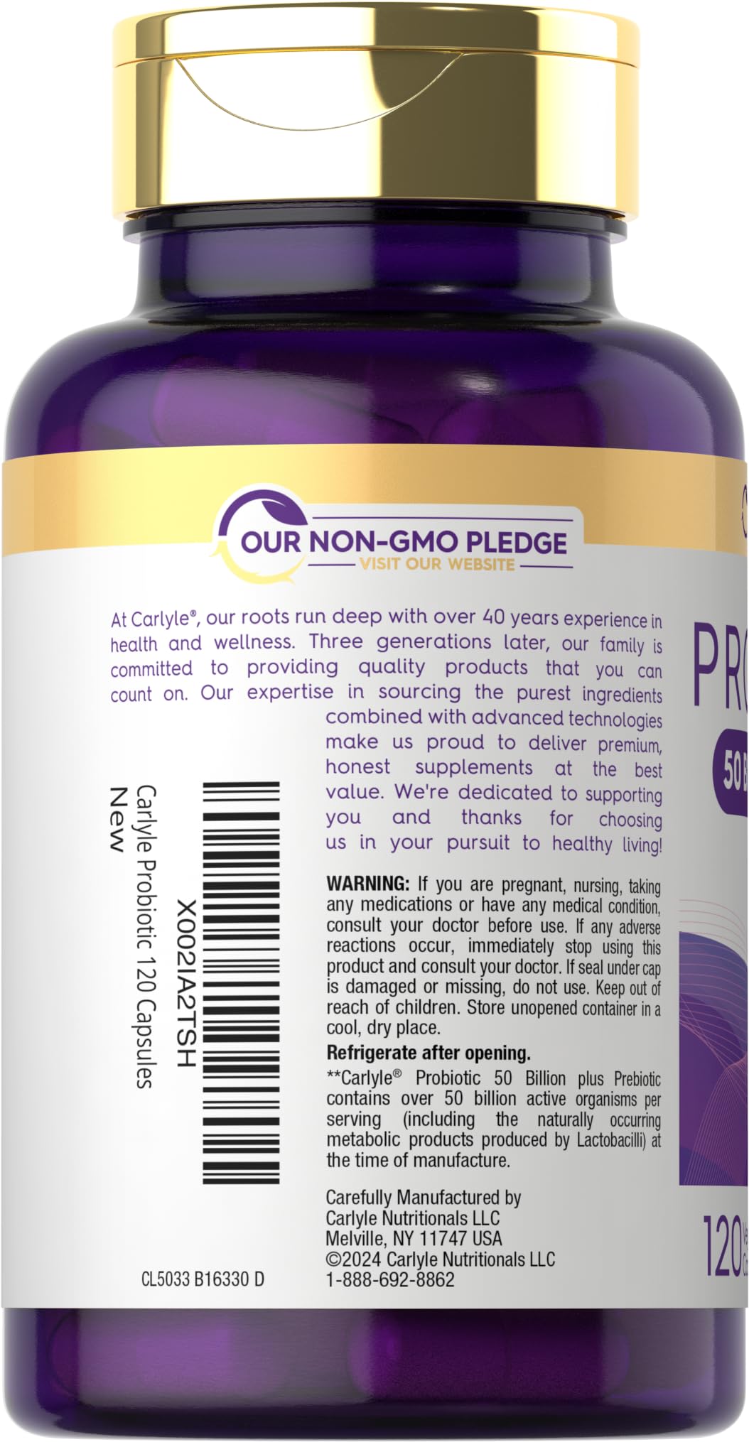 Carlyle Probiotics with Prebiotics | 120 Capsules | 50 Billion Active Organisms | Non-GMO & Gluten Free Supplement - PrimeBioHealth - canada supplements