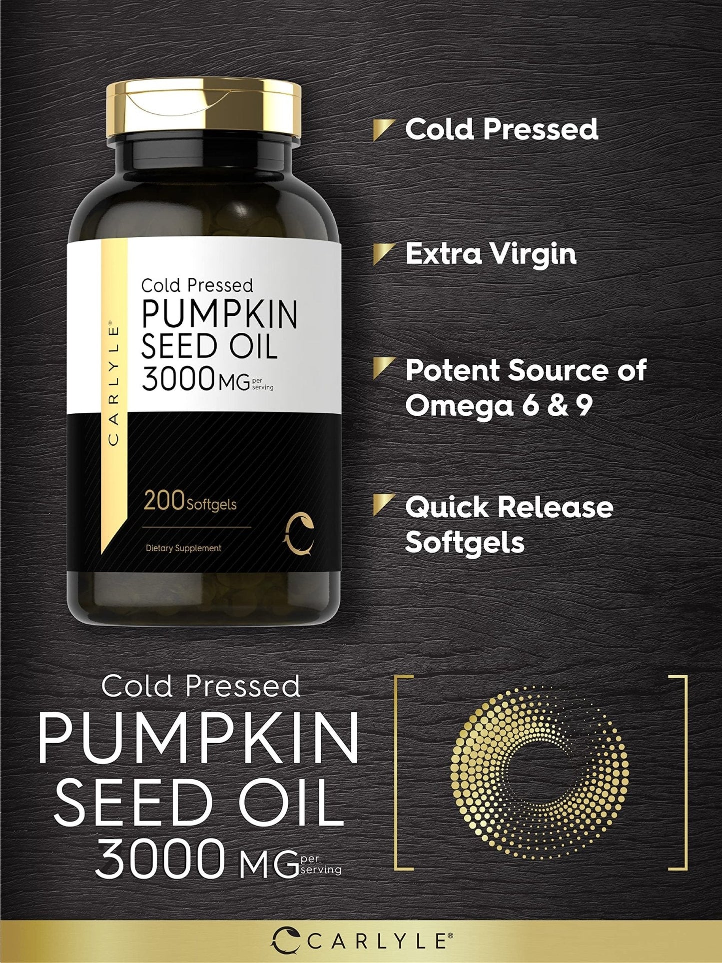 Carlyle Pumpkin Seed Oil Capsules | 3000mg | 200 Softgels | Essential Fatty Acids | Cold Pressed Dietary Supplement | Non-GMO and Gluten Free Formula - PrimeBioHealth - canada supplements