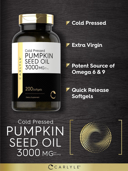 Carlyle Pumpkin Seed Oil Capsules | 3000mg | 200 Softgels | Essential Fatty Acids | Cold Pressed Dietary Supplement | Non-GMO and Gluten Free Formula - PrimeBioHealth - canada supplements