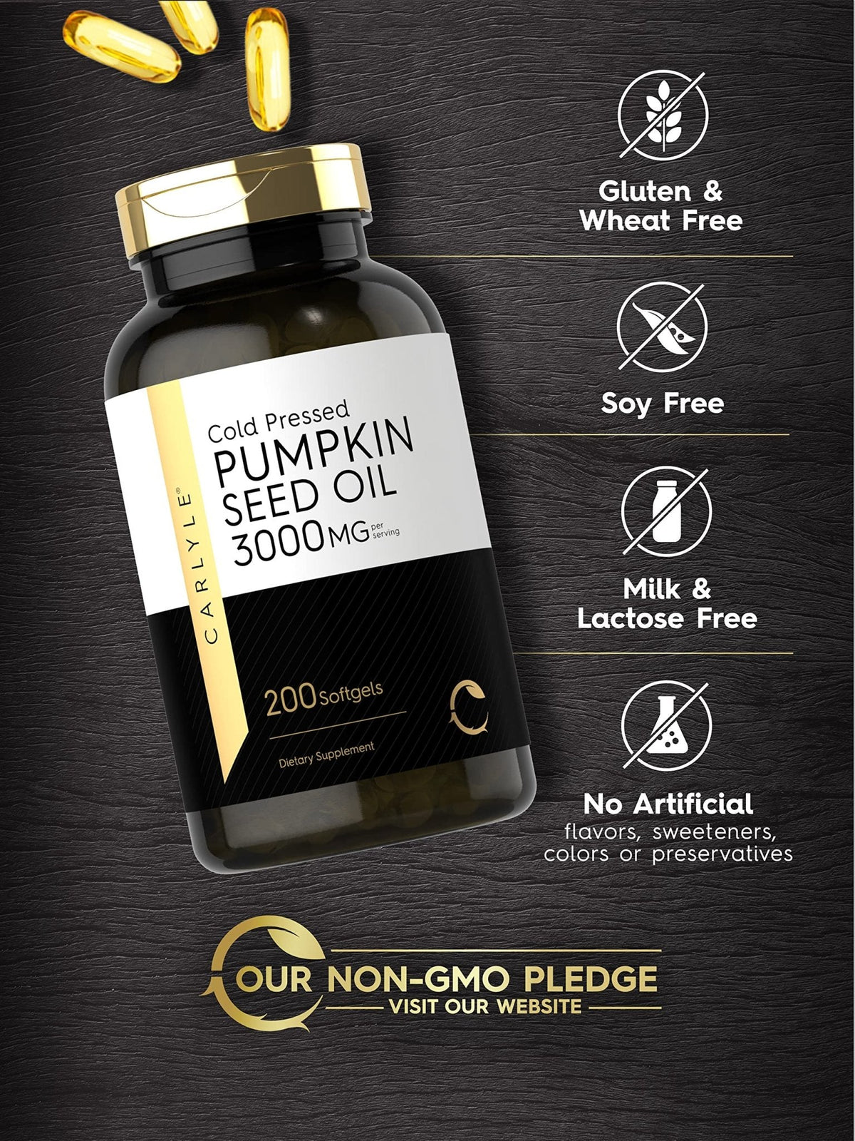 Carlyle Pumpkin Seed Oil Capsules | 3000mg | 200 Softgels | Essential Fatty Acids | Cold Pressed Dietary Supplement | Non-GMO and Gluten Free Formula - PrimeBioHealth - canada supplements