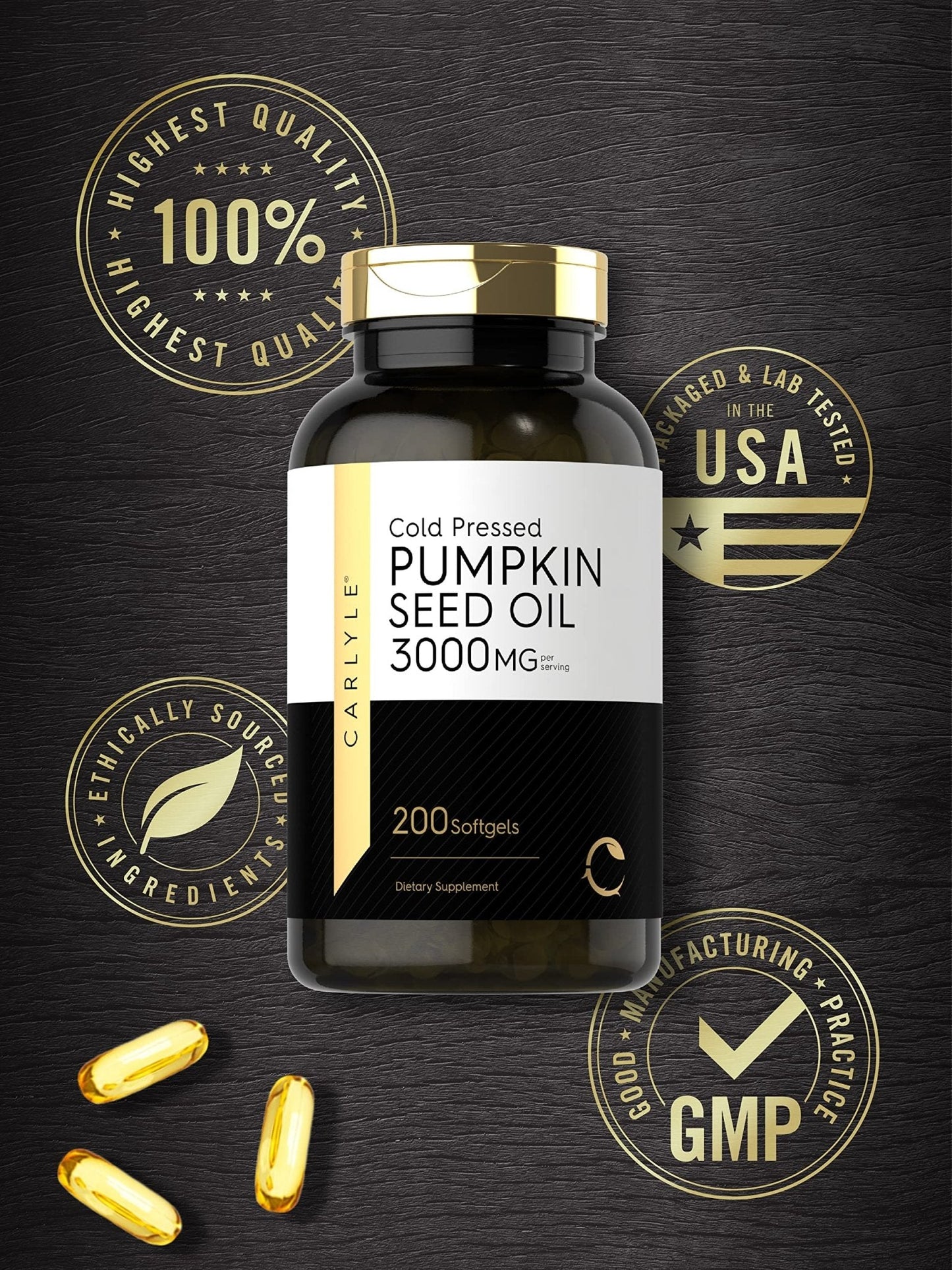 Carlyle Pumpkin Seed Oil Capsules | 3000mg | 200 Softgels | Essential Fatty Acids | Cold Pressed Dietary Supplement | Non-GMO and Gluten Free Formula - PrimeBioHealth - canada supplements