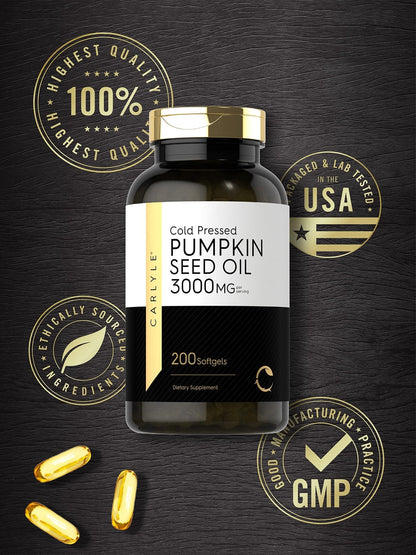 Carlyle Pumpkin Seed Oil Capsules | 3000mg | 200 Softgels | Essential Fatty Acids | Cold Pressed Dietary Supplement | Non-GMO and Gluten Free Formula - PrimeBioHealth - canada supplements