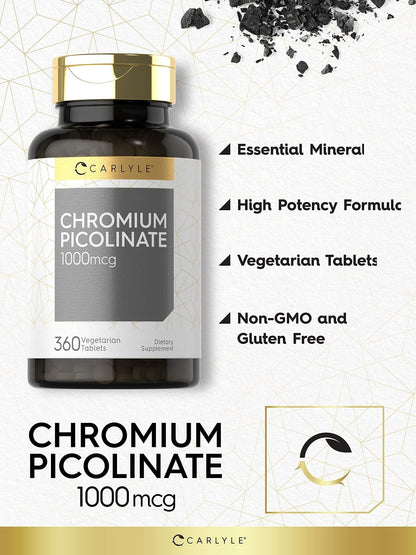 Carlyle Ultra Chromium Picolinate 1000mcg | 360 Tablets | Vegetarian, Non-GMO, Gluten Free - PrimeBioHealth - canada supplements