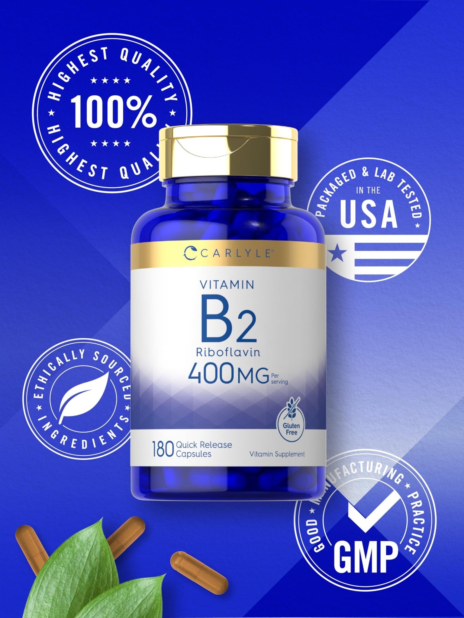 Carlyle Vitamin B-2 400mg | 180 Count | Non-GMO, Gluten Free Supplement | B2 Riboflavin - PrimeBioHealth - canada supplements