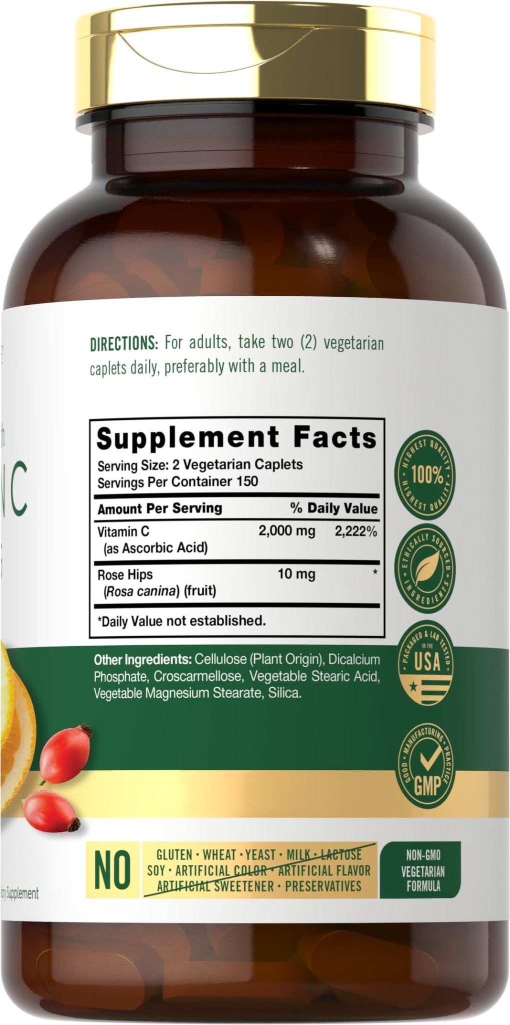 Carlyle Vitamin C 1000mg | 300 Vegetarian Caplets | Ascorbic Acid with Wild Rose Hips | High Strength Formula - PrimeBioHealth - canada supplements