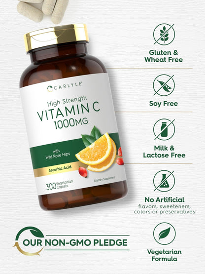 Carlyle Vitamin C 1000mg | 300 Vegetarian Caplets | Ascorbic Acid with Wild Rose Hips | High Strength Formula - PrimeBioHealth - canada supplements