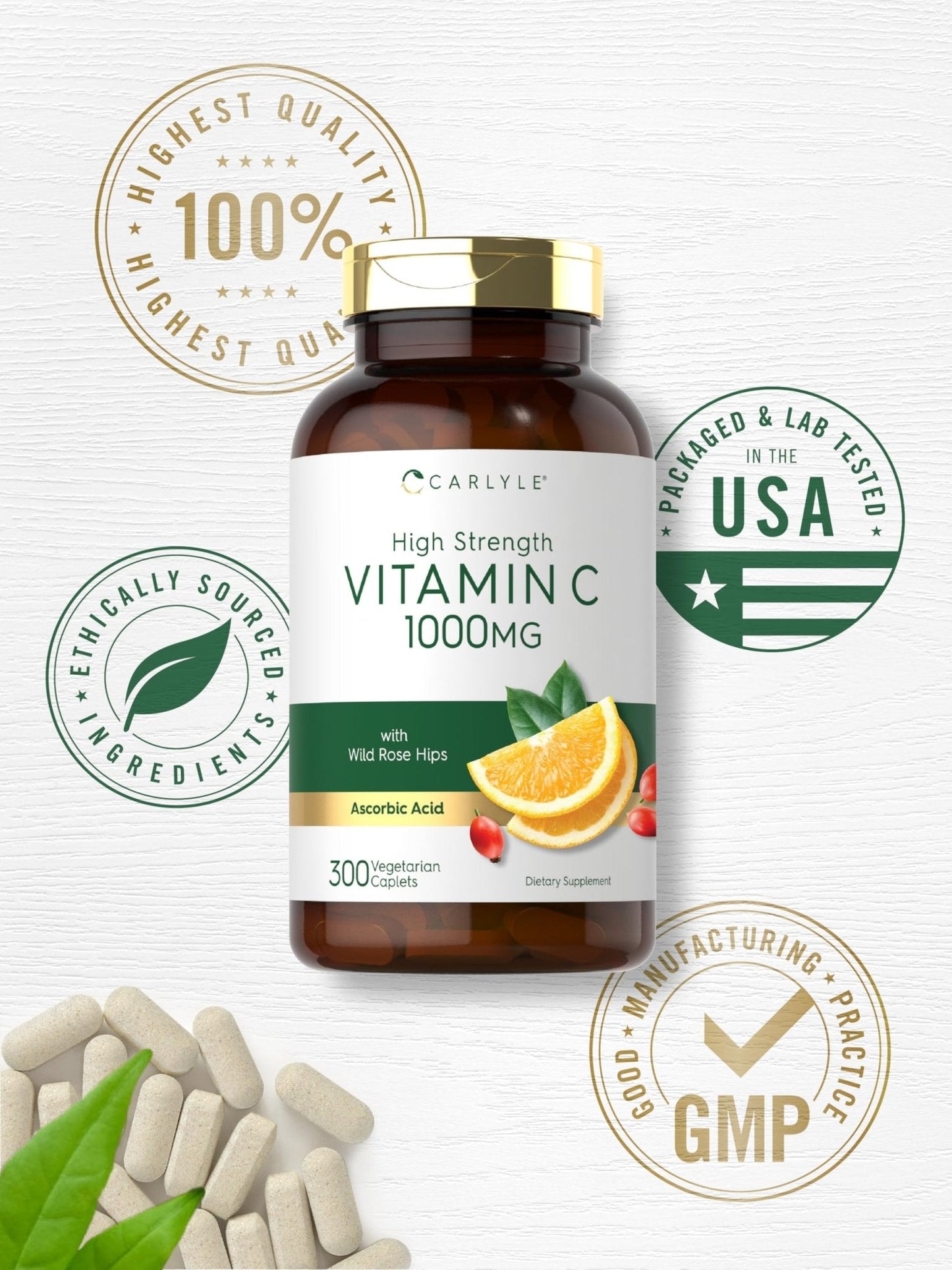 Carlyle Vitamin C 1000mg | 300 Vegetarian Caplets | Ascorbic Acid with Wild Rose Hips | High Strength Formula - PrimeBioHealth - canada supplements