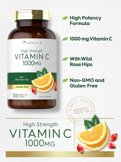 Carlyle Vitamin C 1000mg | 300 Vegetarian Caplets | Ascorbic Acid with Wild Rose Hips | High Strength Formula - PrimeBioHealth - canada supplements