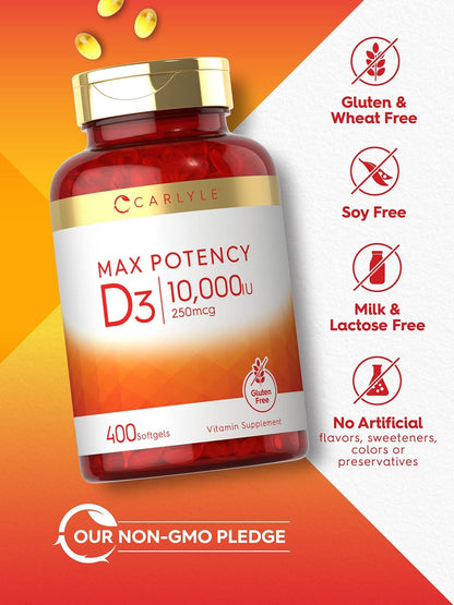 Carlyle Vitamin D 10000 IU 400 Softgels | Value Size | Max Potency | Non-GMO, Gluten Free Supplement - PrimeBioHealth - canada supplements