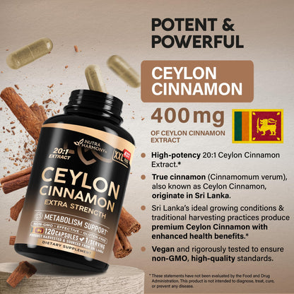 Ceylon Cinnamon Capsules - Extra Strength - Energy, Heart & Metabolism Support - for Men & Women - Pure Natural Extract 20:1 Supplement - Made in USA - PrimeBioHealth - canada supplements