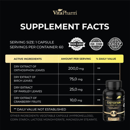 CISTOFAN Kidney Support Supplement – Herbal Formula with Java Tea, Birch Leaf, Parsley & Cranberry – Supports Urinary Tract & Kidney Function – Natural Diuresis – 60 Capsules – Non-GMO – Made in EU - PrimeBioHealth - canada supplements