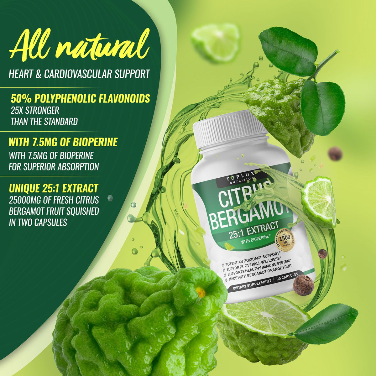 Citrus Bergamot Supplement 1500mg - 25:1 Bergamot Extract to Support Overall Health, Immune System, Potent Antioxidant High Absorption Natural - PrimeBioHealth - canada supplements