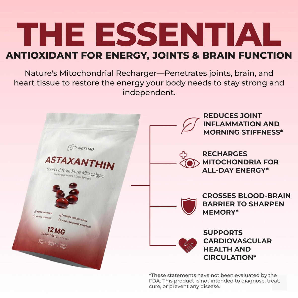 ClarityMD Astaxanthin 12mg Antioxidants Supplement – Natural Microalgae Source – Lipid-Based Softgel for Enhanced Absorption – Cognitive - PrimeBioHealth - canada supplements