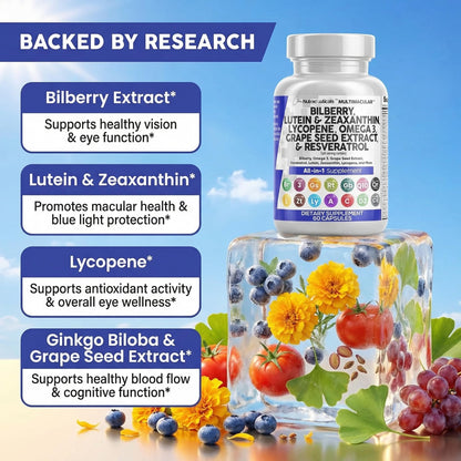 Clean Nutra Eye Vitamins with Bilberry Lutein and Zeaxanthin Supplements Lycopene 40mg Resveratrol Grape Seed Astaxanthin for Eyes - Eye Care Health Support Eye - PrimeBioHealth - canada supplements