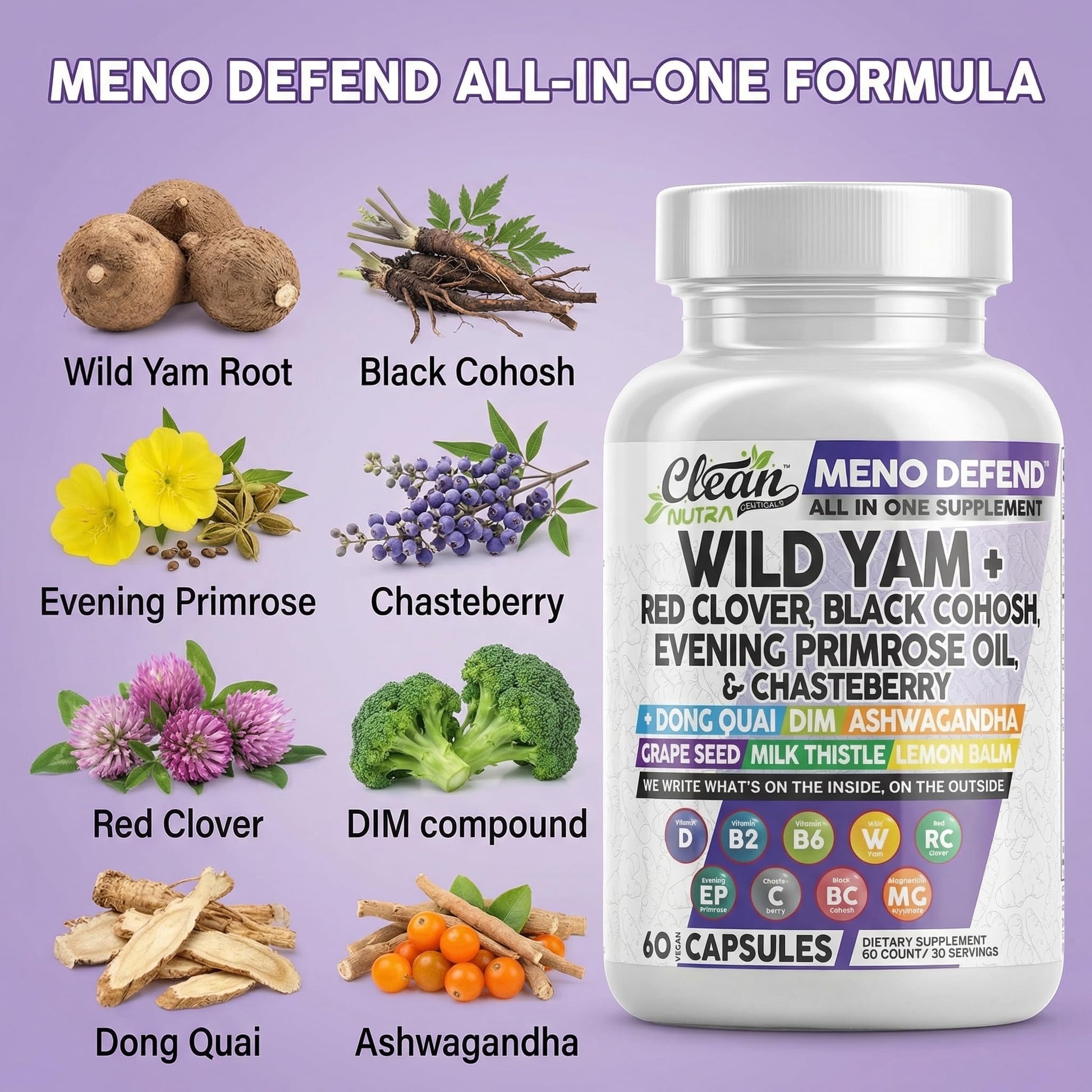 Clean Nutra Wild Yam Root Capsules with Red Clover Black Cohosh Evening Primrose Oil Chasteberry Dong Quai DIM Ashwagandha Grape Seed Extract Milk Thistle Lemon Balm - PrimeBioHealth - canada supplements