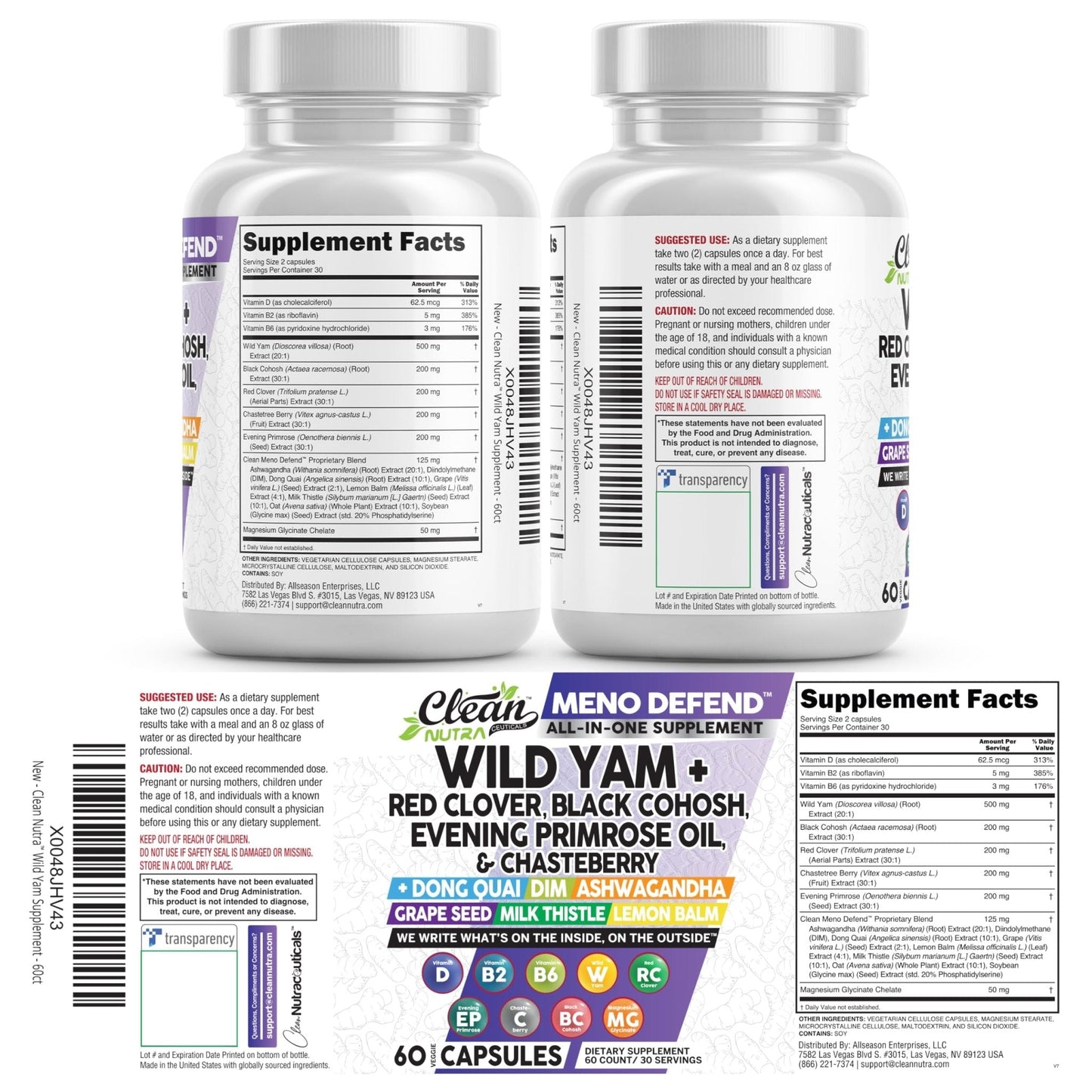 Clean Nutra Wild Yam Root Capsules with Red Clover Black Cohosh Evening Primrose Oil Chasteberry Dong Quai DIM Ashwagandha Grape Seed Extract Milk Thistle Lemon Balm - PrimeBioHealth - canada supplements