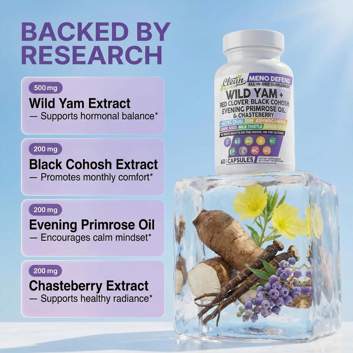 Clean Nutra Wild Yam Root Capsules with Red Clover Black Cohosh Evening Primrose Oil Chasteberry Dong Quai DIM Ashwagandha Grape Seed Extract Milk Thistle Lemon Balm - PrimeBioHealth - canada supplements