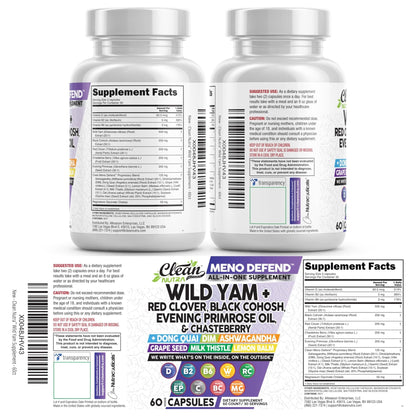 Clean Nutra Wild Yam Root Capsules with Red Clover Black Cohosh Evening Primrose Oil Chasteberry Dong Quai DIM Ashwagandha Grape Seed Extract Milk Thistle Lemon Balm - PrimeBioHealth - canada supplements