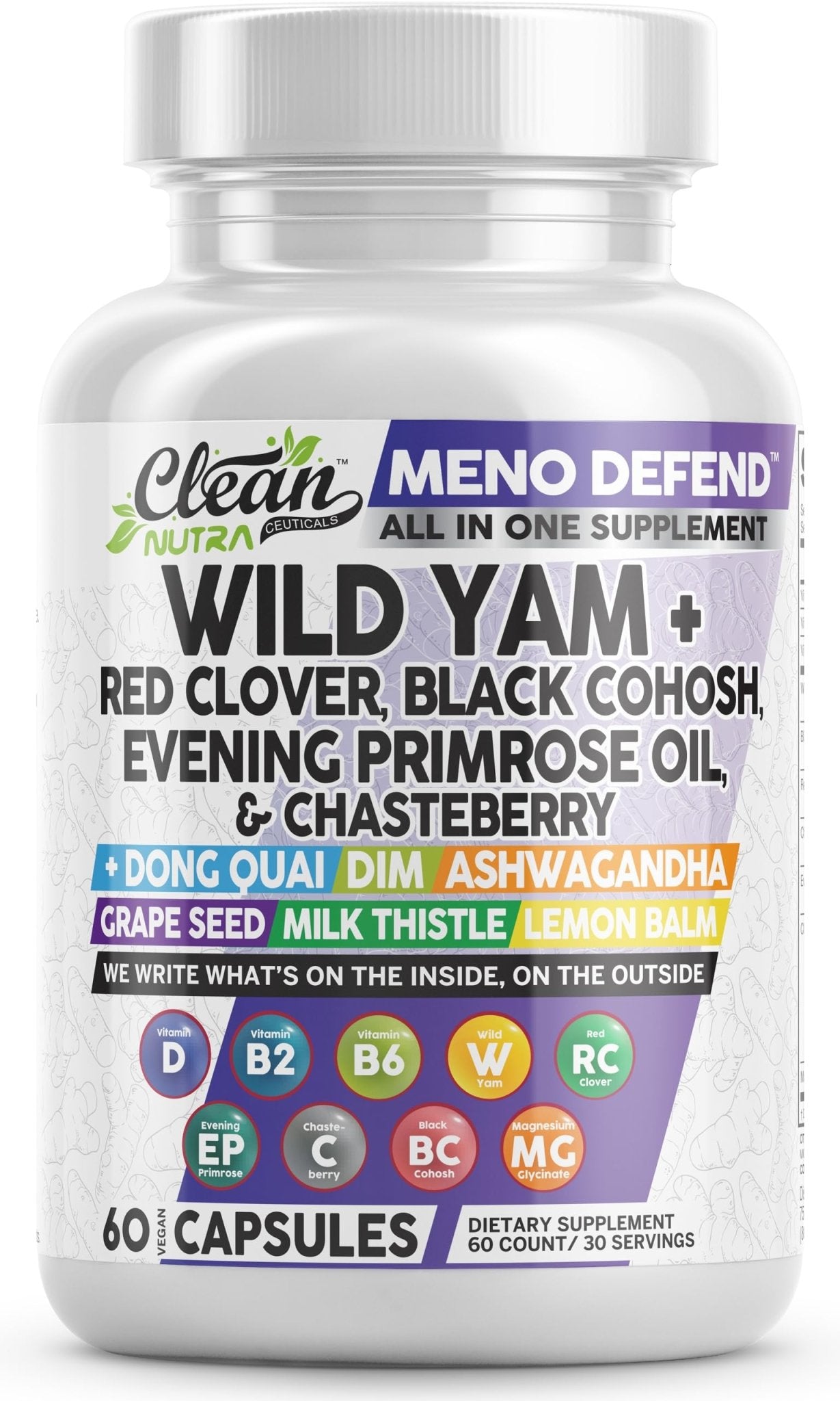 Clean Nutra Wild Yam Root Capsules with Red Clover Black Cohosh Evening Primrose Oil Chasteberry Dong Quai DIM Ashwagandha Grape Seed Extract Milk Thistle Lemon Balm - PrimeBioHealth - canada supplements