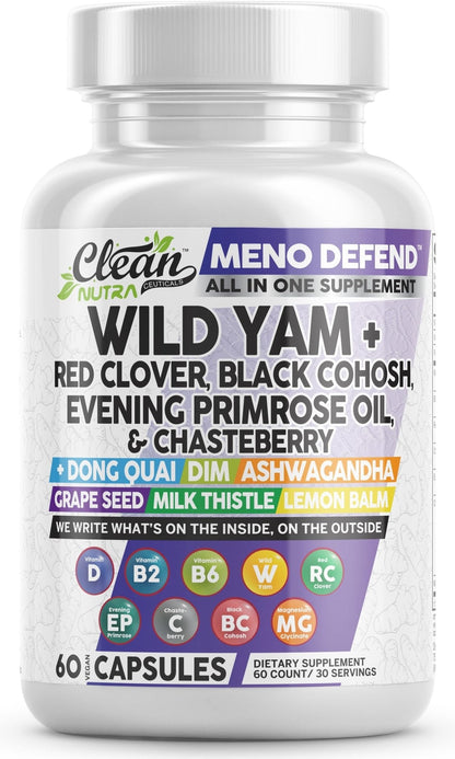 Clean Nutra Wild Yam Root Capsules with Red Clover Black Cohosh Evening Primrose Oil Chasteberry Dong Quai DIM Ashwagandha Grape Seed Extract Milk Thistle Lemon Balm - PrimeBioHealth - canada supplements