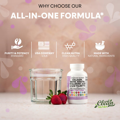 Clean Nutraceuticals Collagen Pills 1000mg Biotin 10000mcg Keratin Saw Palmetto Hyaluronic Acid - Hair Skin & Nails Vitamins & DHT Blocker with Vitamin E Folic Acid - PrimeBioHealth - canada supplements